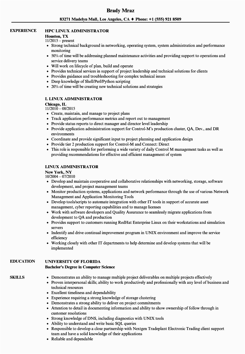 Linux System Administrator Sample Resume 5 Years Experience Linux Administrator Resume Samples