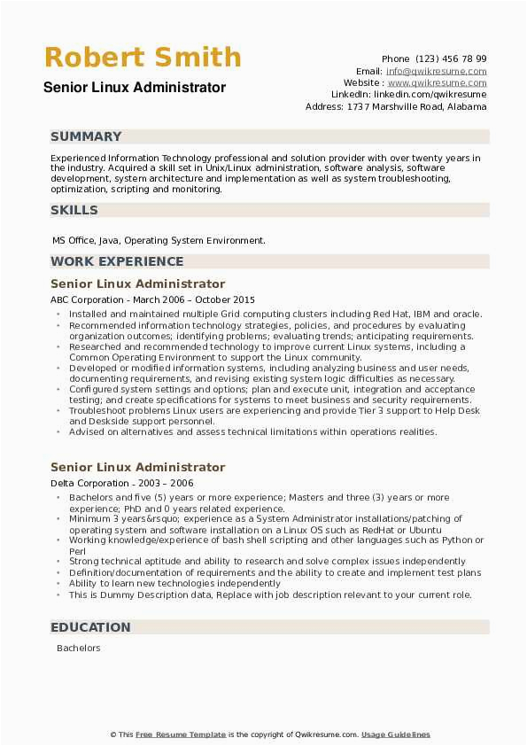 Linux System Administrator Sample Resume 5 Years Experience Senior Linux Administrator Resume Samples