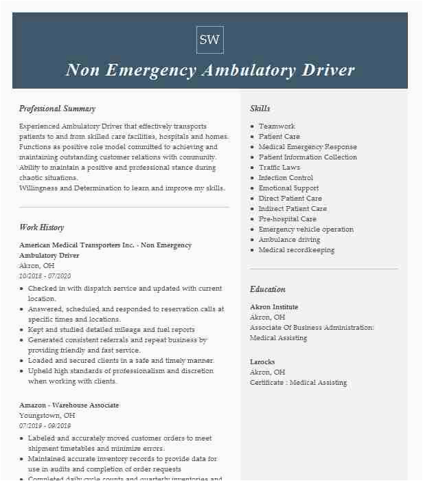 Non Emergency Medical Transportation Driver Resume Sample Non Emergency Medical Transportation Driver Resume Example