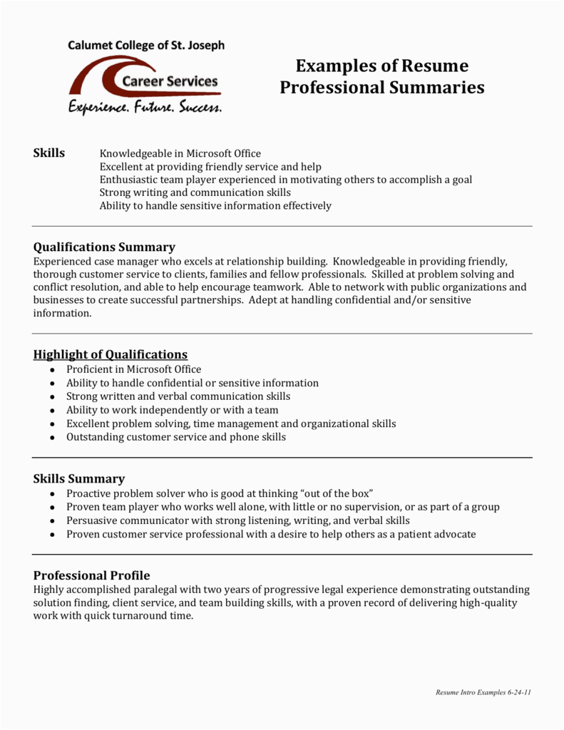 Resume Summary Samples for It Professionals Examples Of Resume Professional Summaries