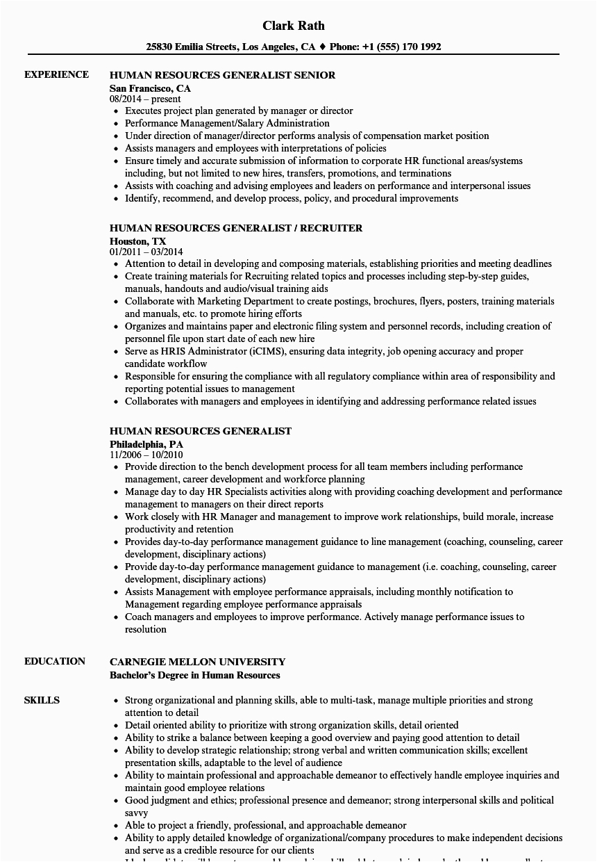 human resources generalist resume sample