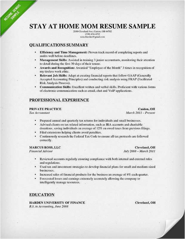 example resume after being stay at home