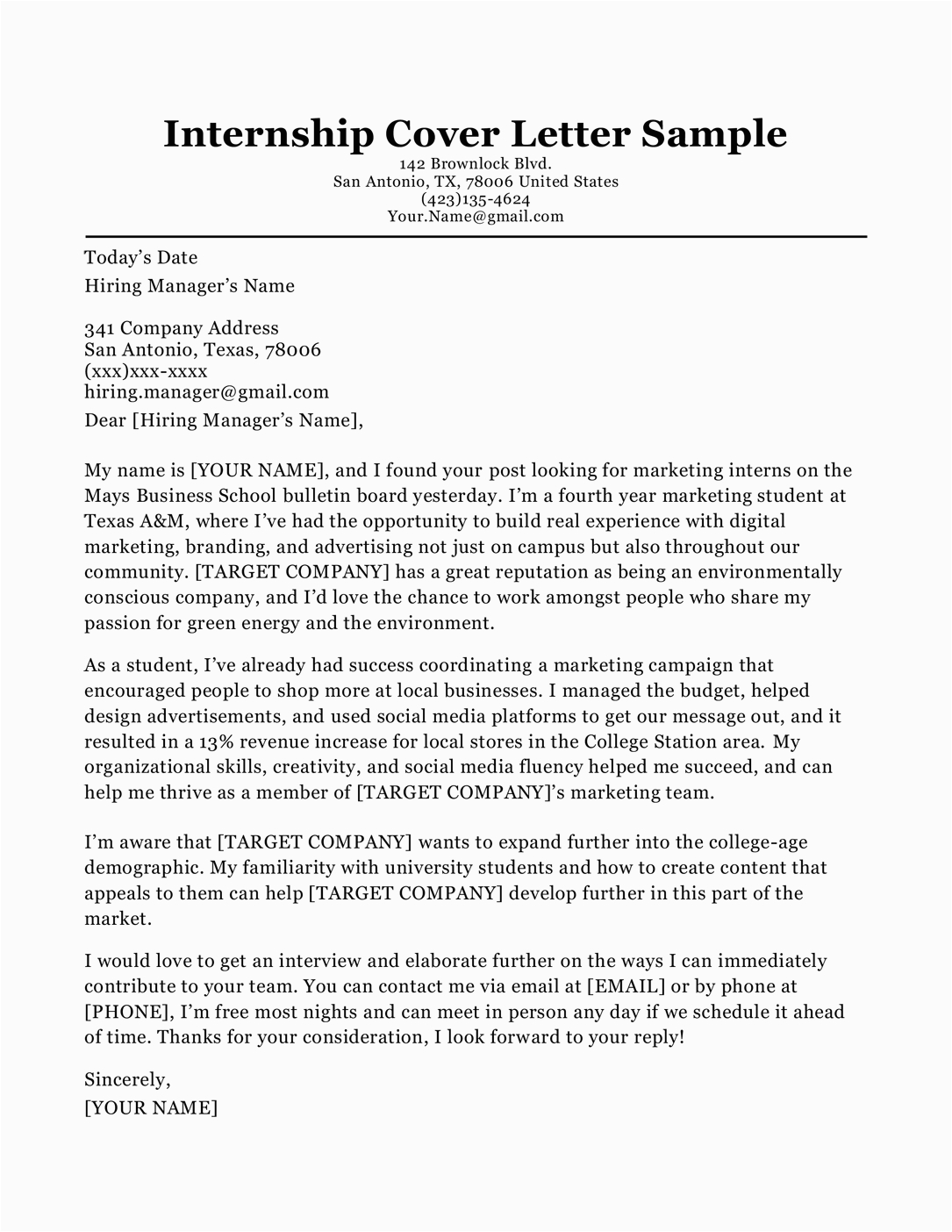internship college student cover letter sample