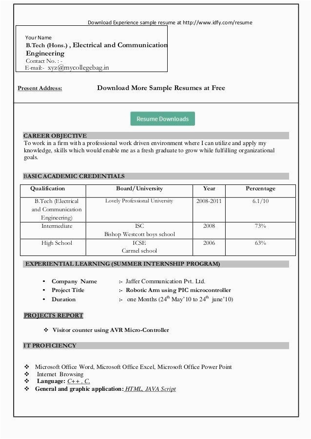 engineering fresher resume format in ms word