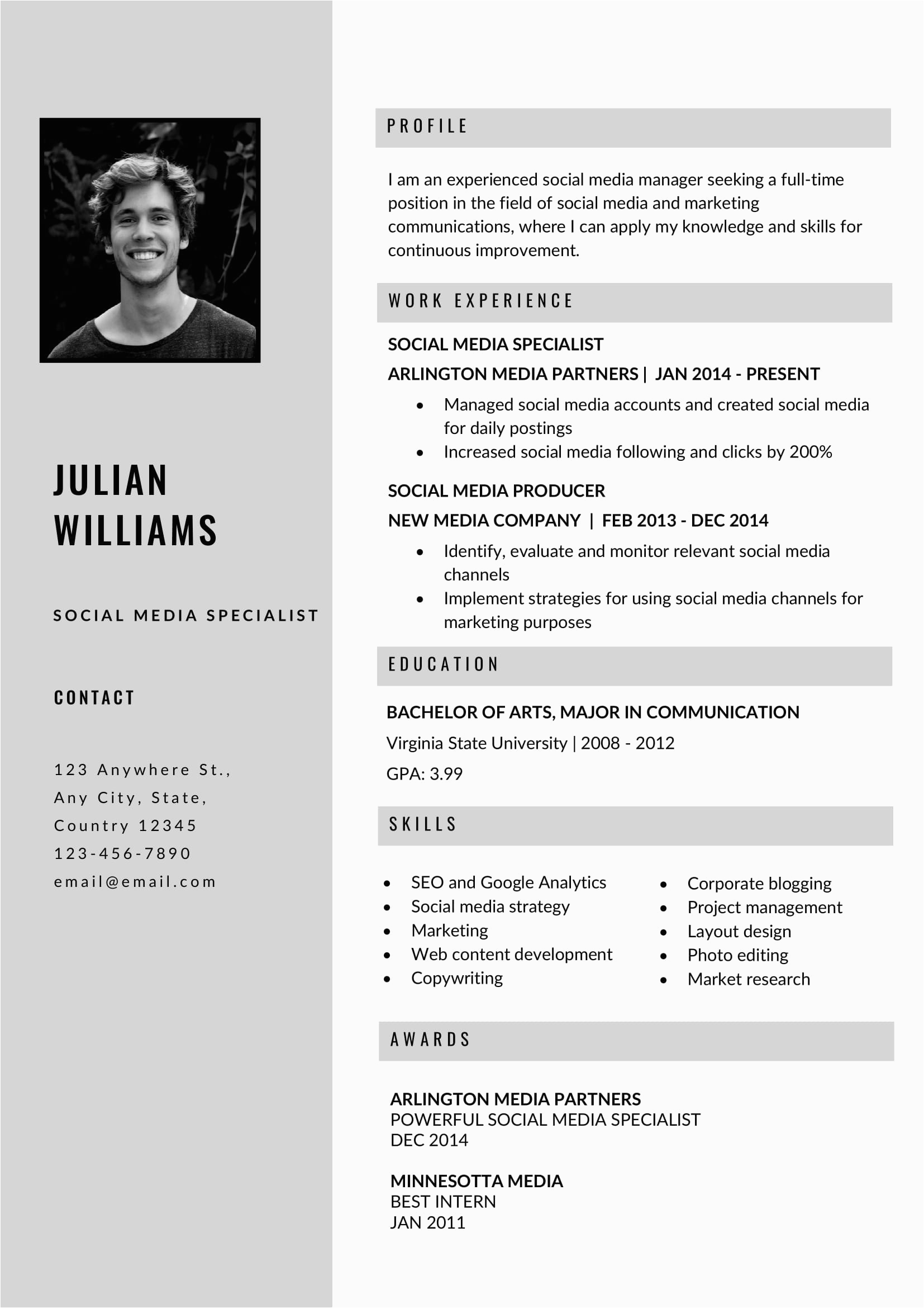 free grey resume template in ms word format