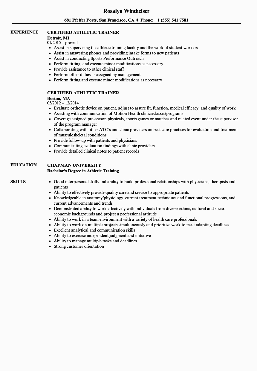 resume for athletic trainer
