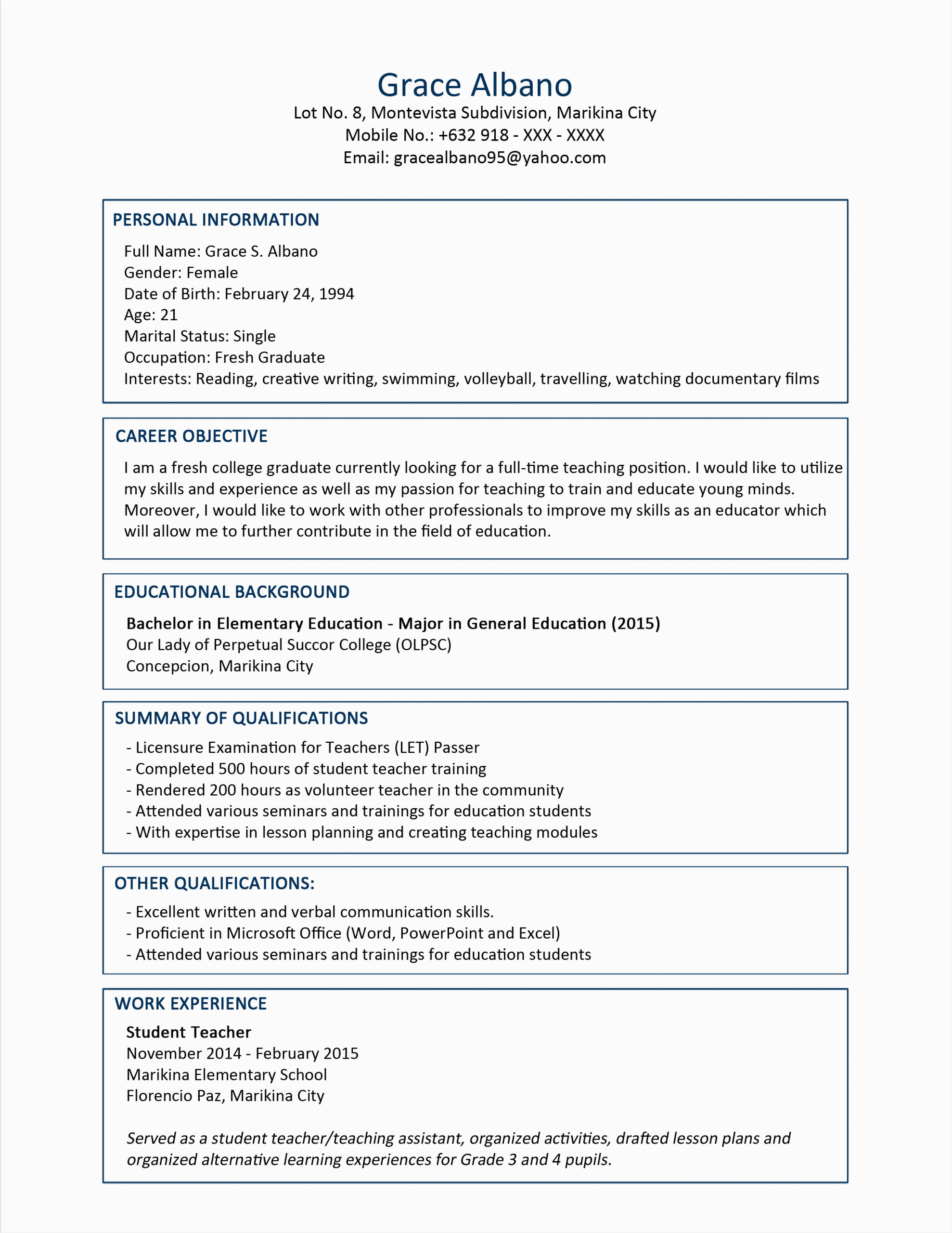 sample resume format fresh graduates two page