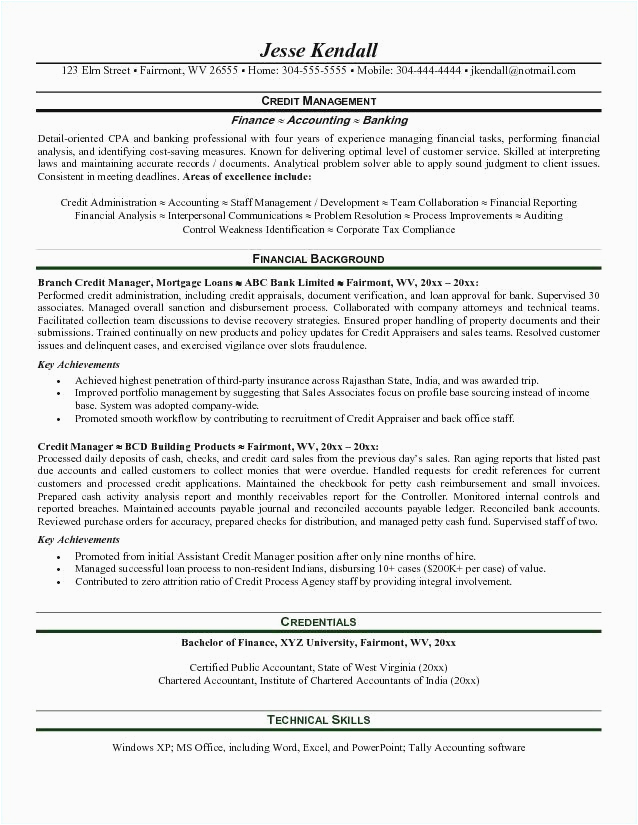 Sample Resume for Credit Manager In India Credit Manager Resume