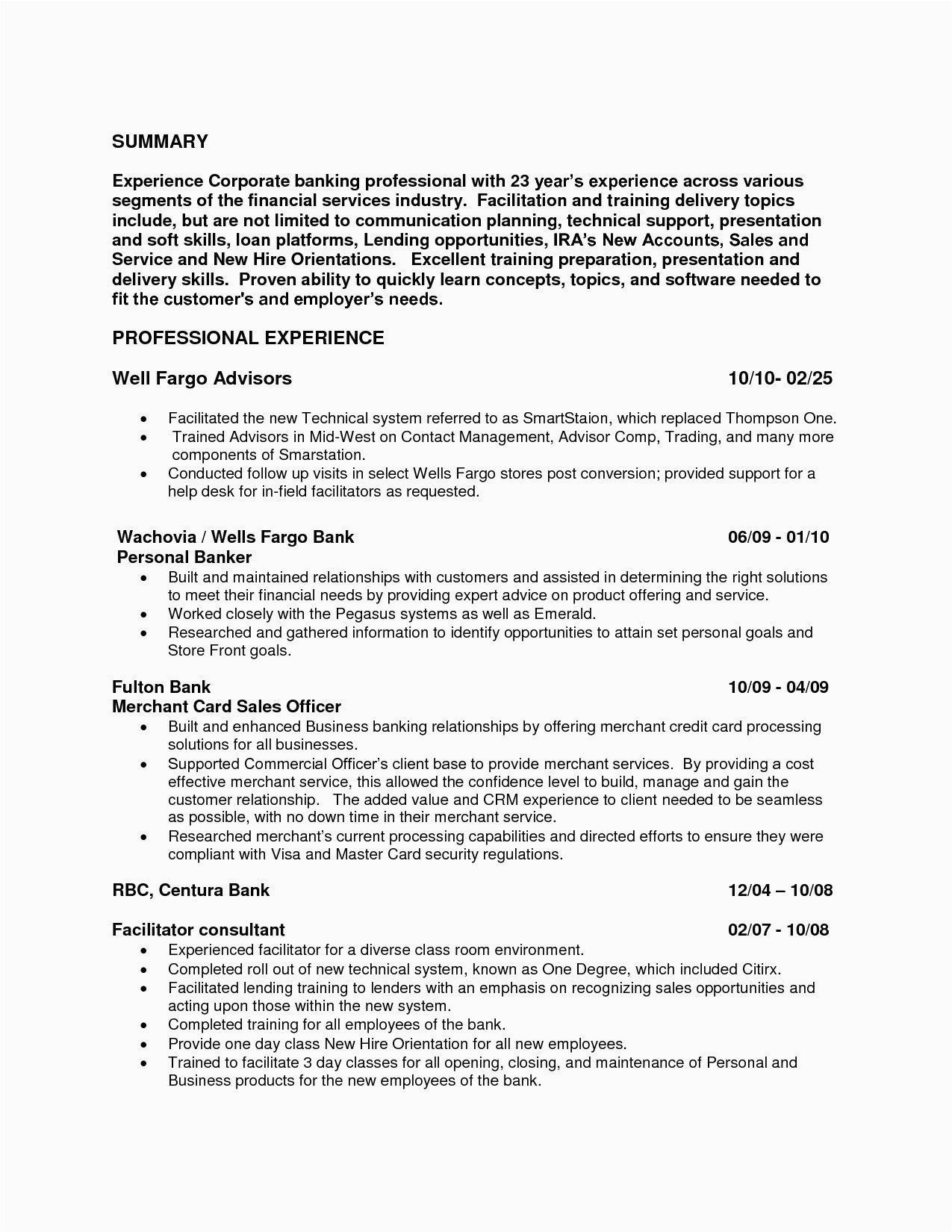 resume for experienced banking