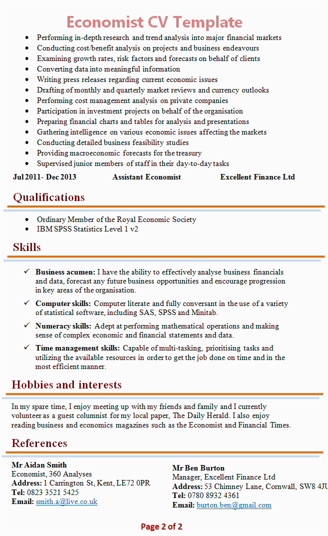 Sample Resume for Fresh Economics Graduate Economist Cv Template 2