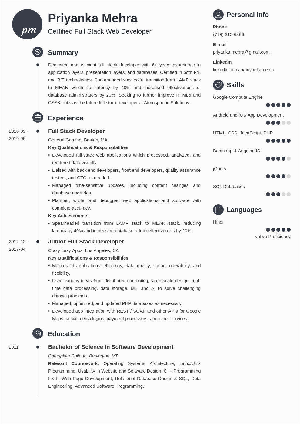 full stack developer resume example