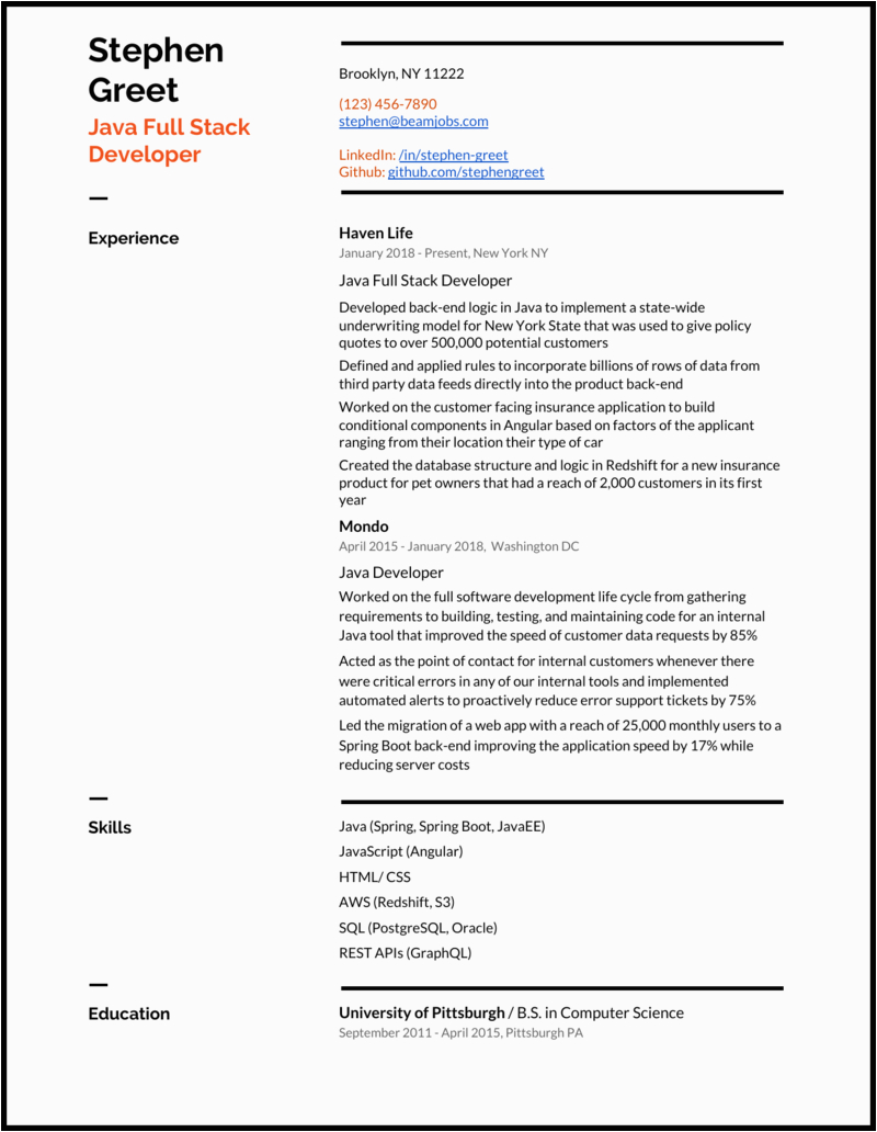 java full stack developer resume sample