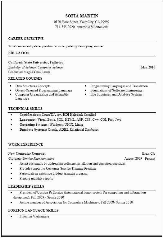 Sample Resume for Ojt Computer Science Students Puter Science Resume Sample Career Center