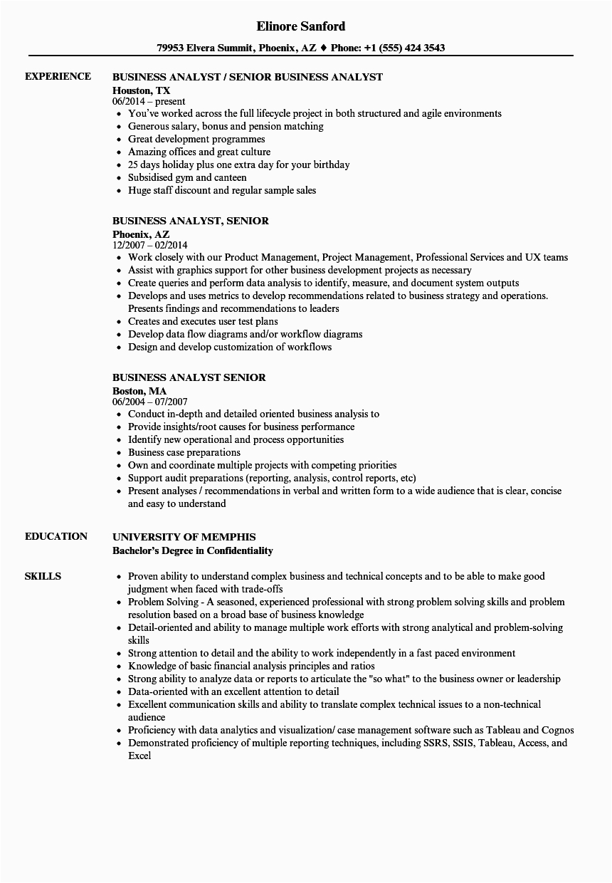 business analyst senior resume sample