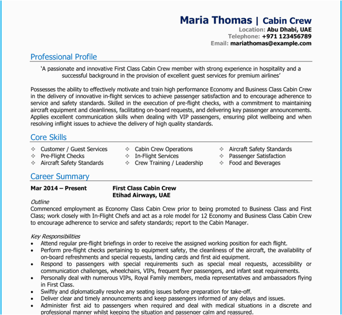 sample resume for cabin crew with no