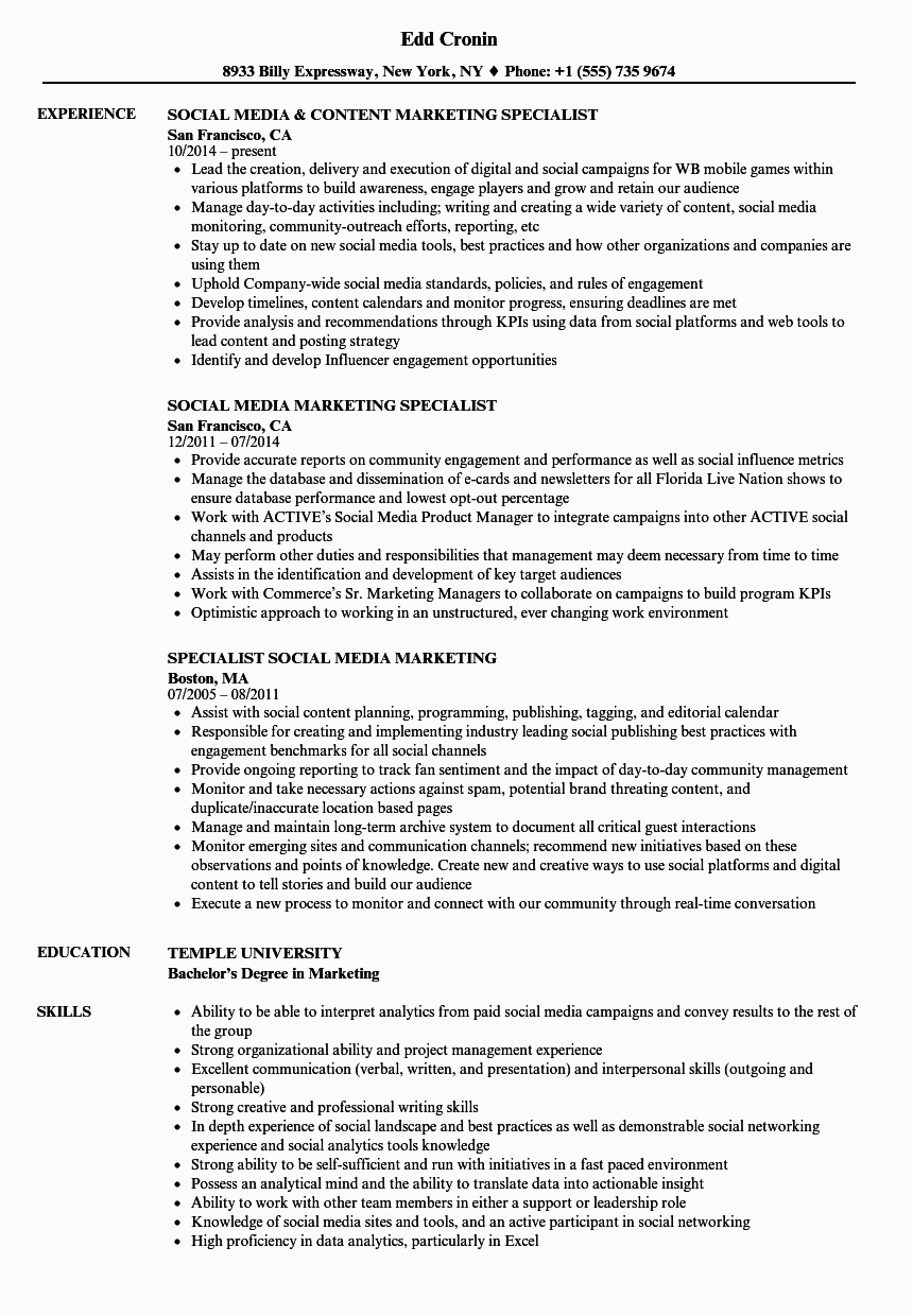 social media marketing specialist resume sample