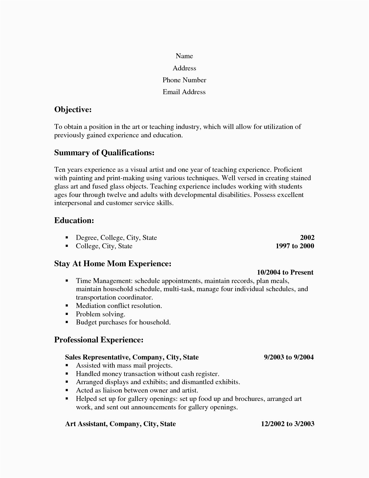 resume examples for stay at home moms