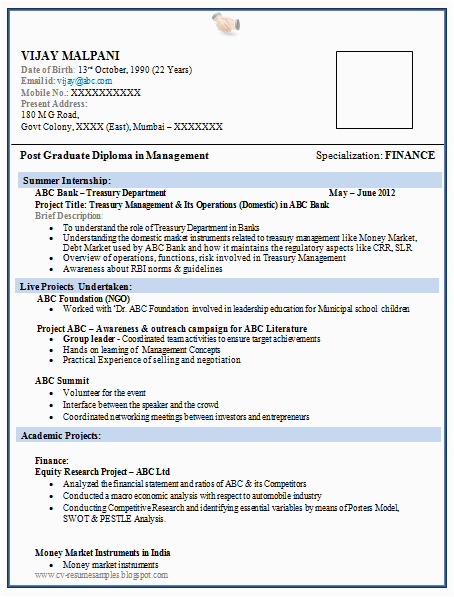 resume format for mba finance fresher