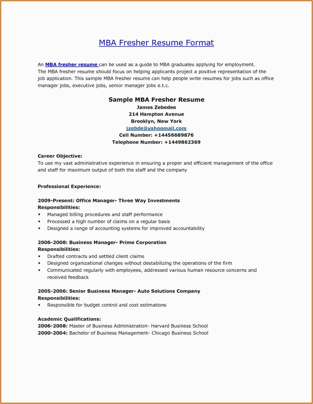 mba fresher resume