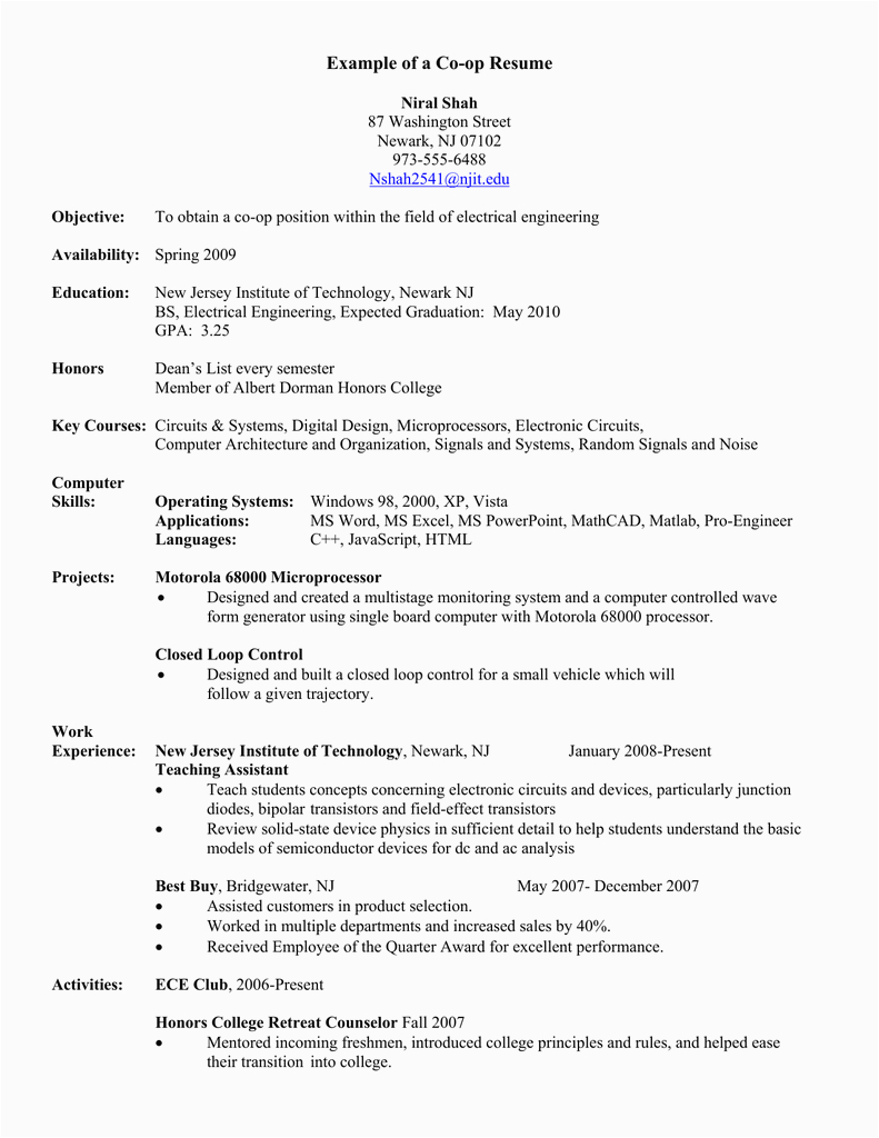 Sample Resume with Co Op Experience Example Of A Co Op Resume