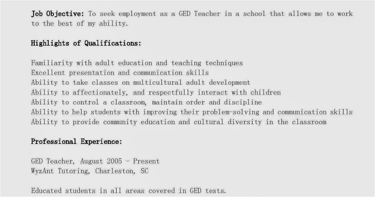 ged teacher resume sample