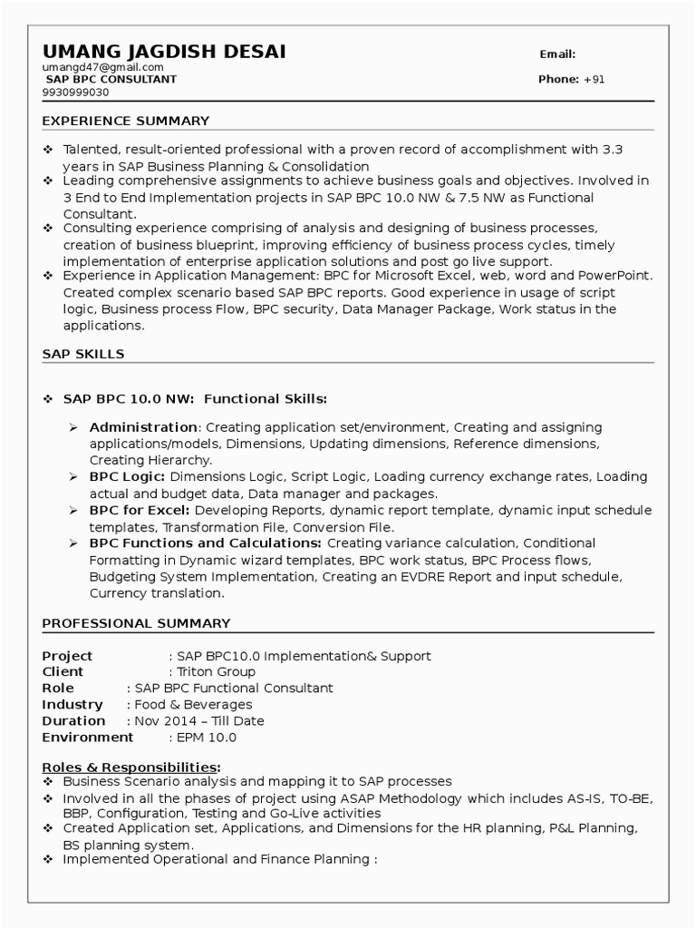 SAP BPC Sample Resume 3