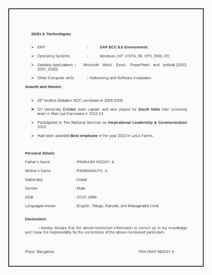 resume sap fresher