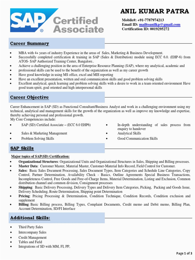 Sap Sd Sample Resume for Fresher Sap Sd Freshers Resume with Domain Experience Sales