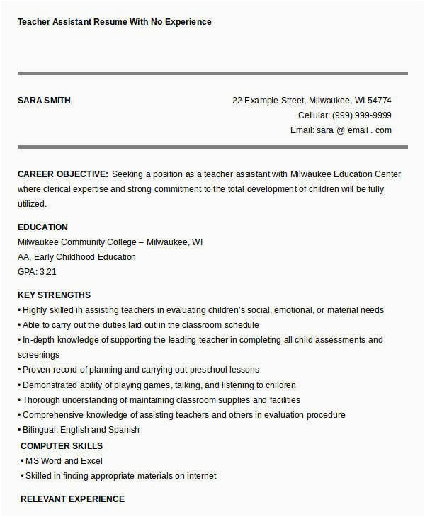 Teacher assistant Resume Sample with No Experience 23 Professional Teacher Resume Templates Pdf Doc