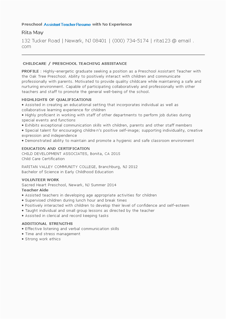 preschool assistant teacher resume with no experience
