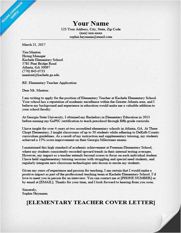 elementary teacher cover letter sample