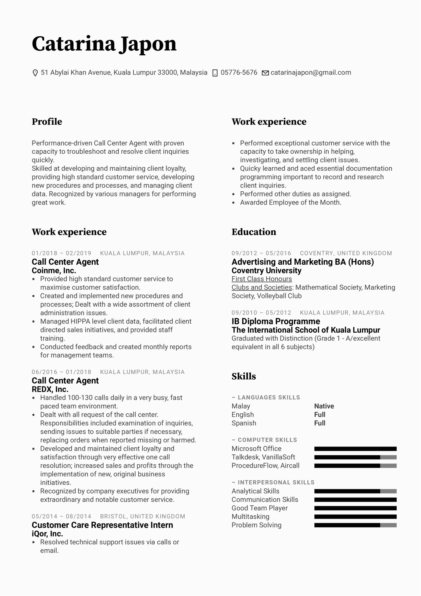 Call Center Resume Examples and Samples Call Center Agent Resume Template