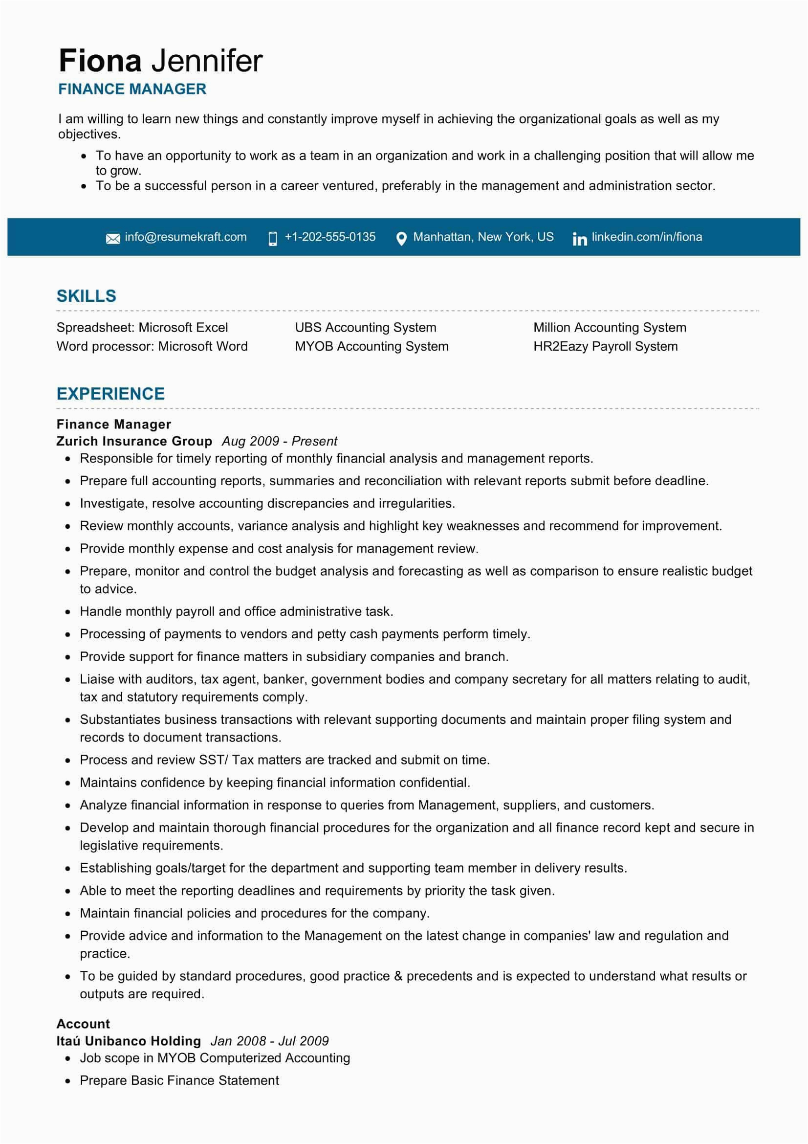 finance manager resume sample