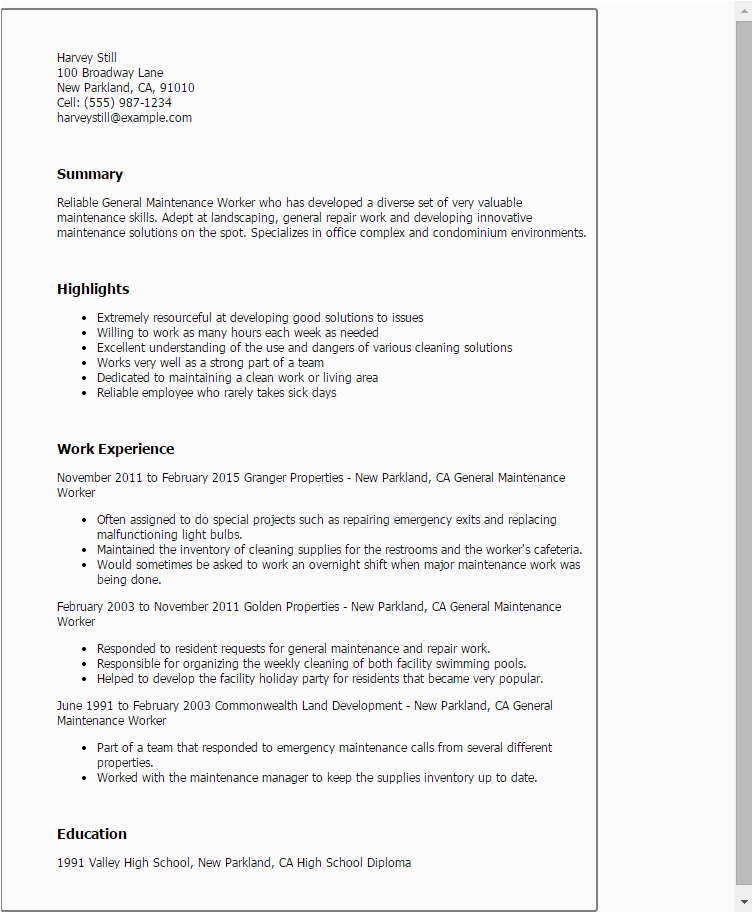 Free Sample Resume for Maintenance Worker Sample Resume for Maintenance Worker
