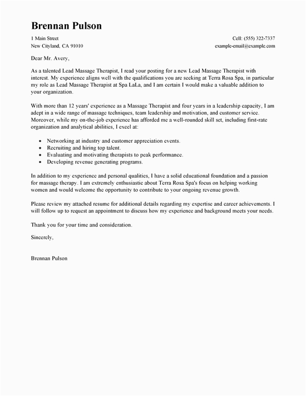 lead massage therapist cover letter examples