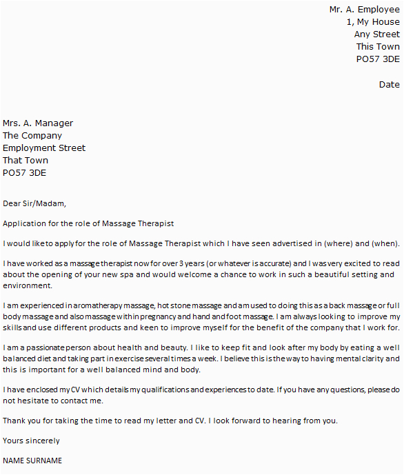 massage therapist cover letter example