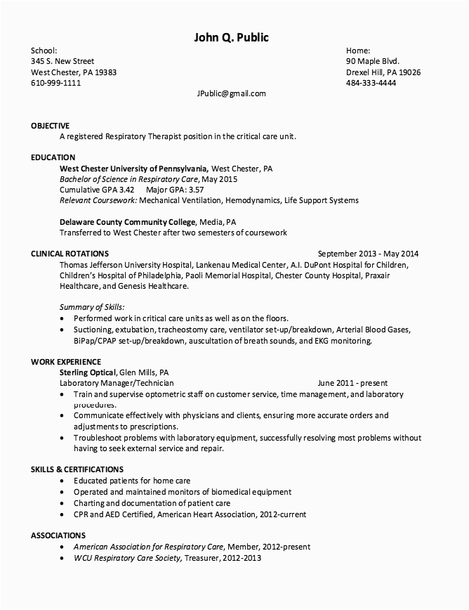 respiratory therapist sample resume