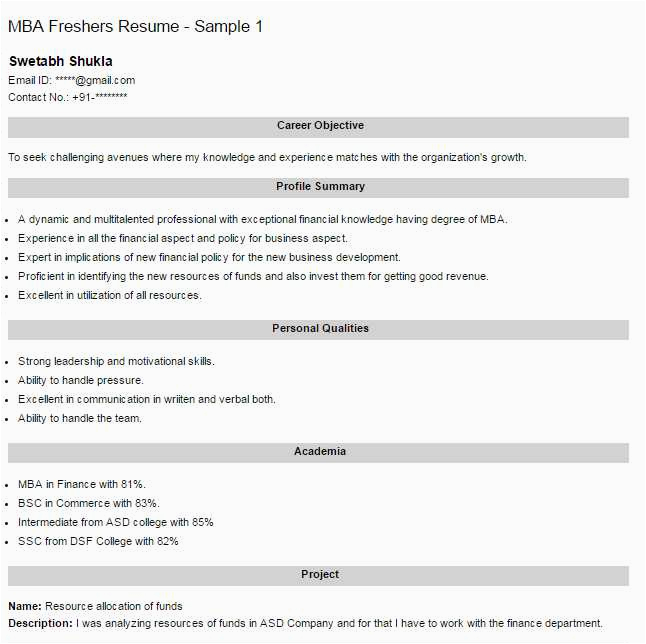 Resume Headline for Mba Freshers Sample Resume format for Freshers Mba Finance Free Download