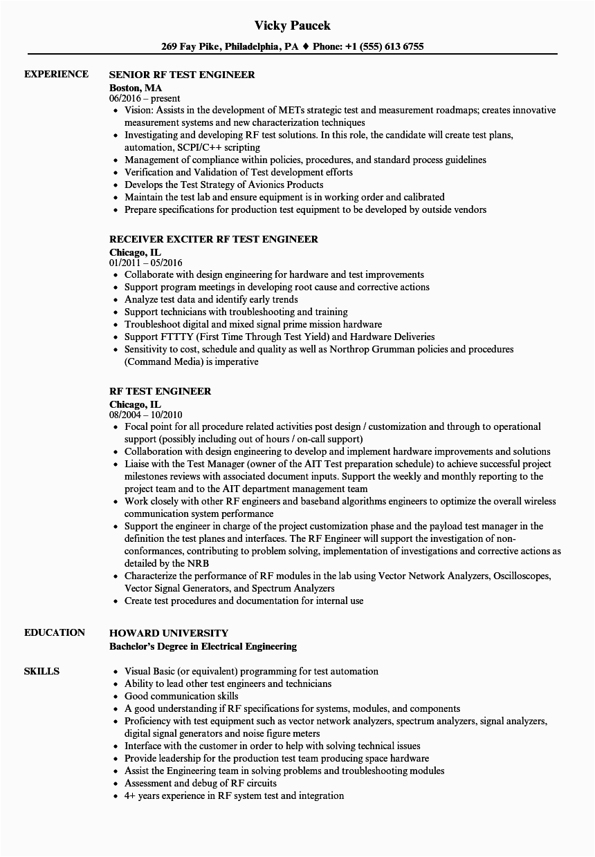 rf test engineer resume sample