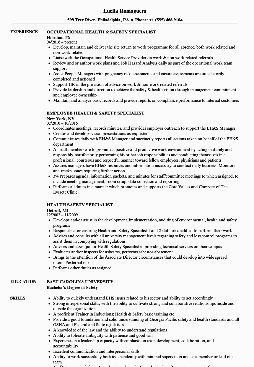 health safety specialist resume sample