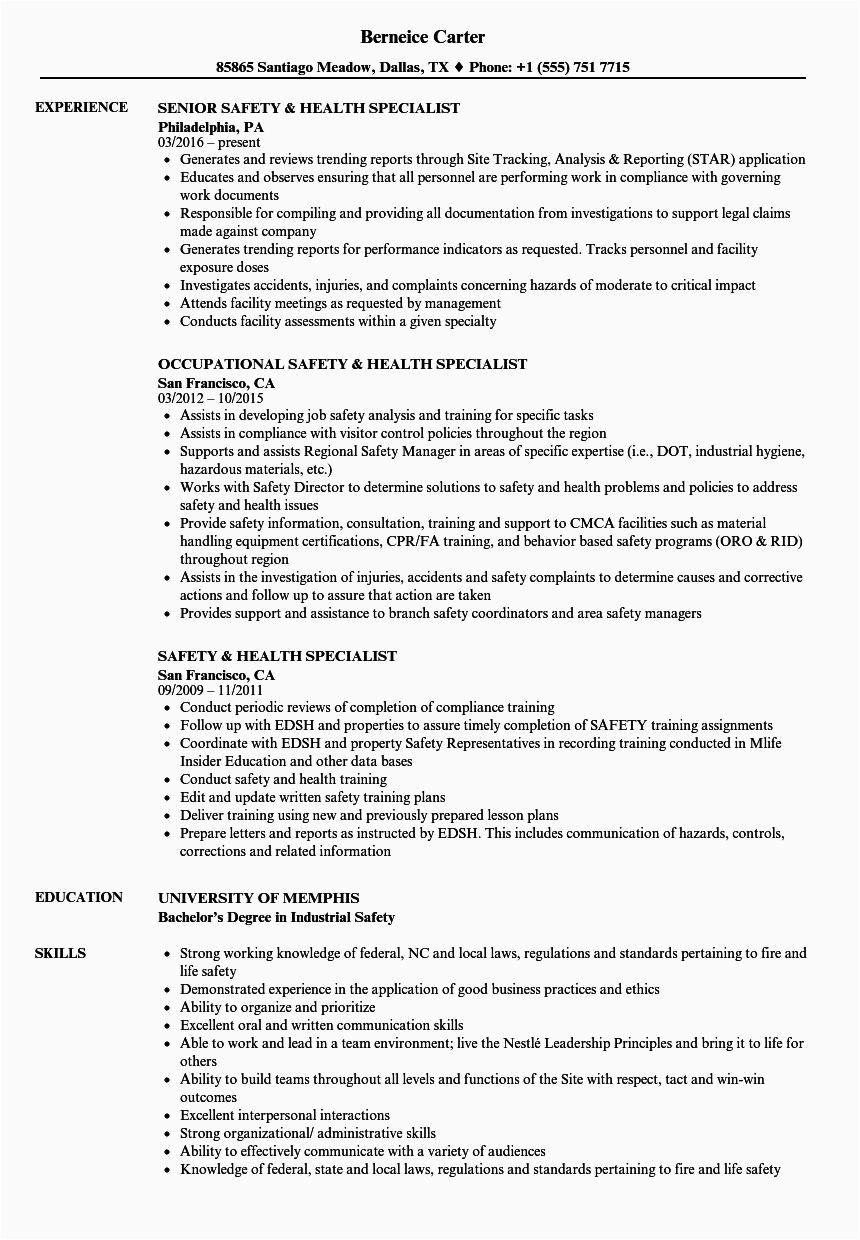 safety health specialist resume sample