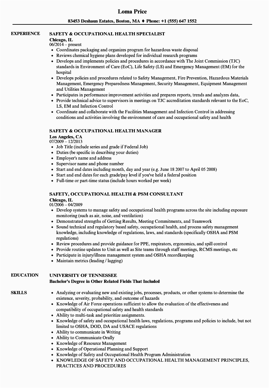 safety occupational health resume sample