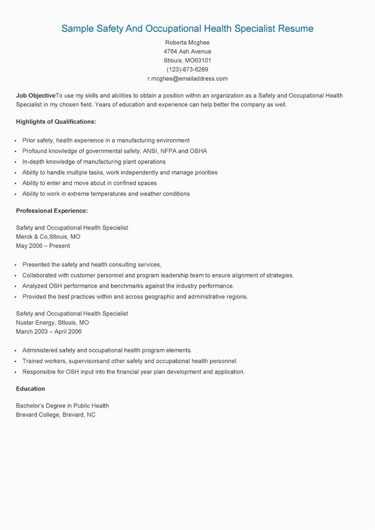 Safety and Occupational Health Specialist Sample Resume Sample Safety and Occupational Health Specialist Resume
