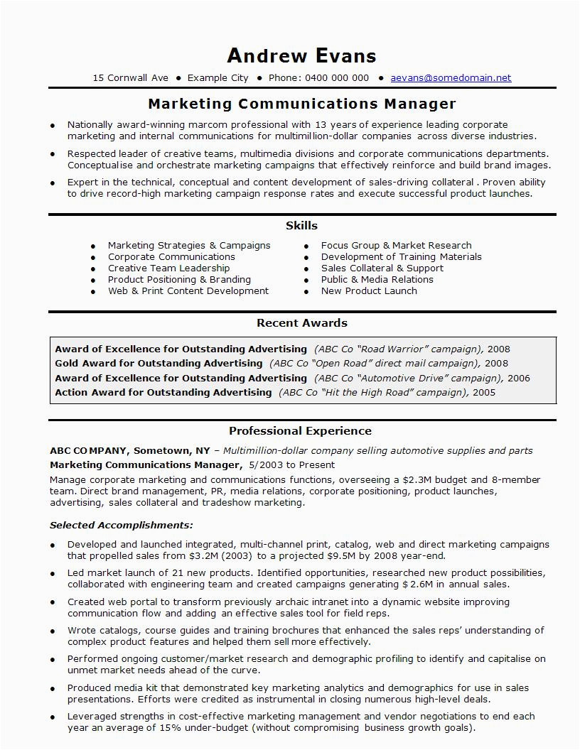 marketing manager resume sample doc database