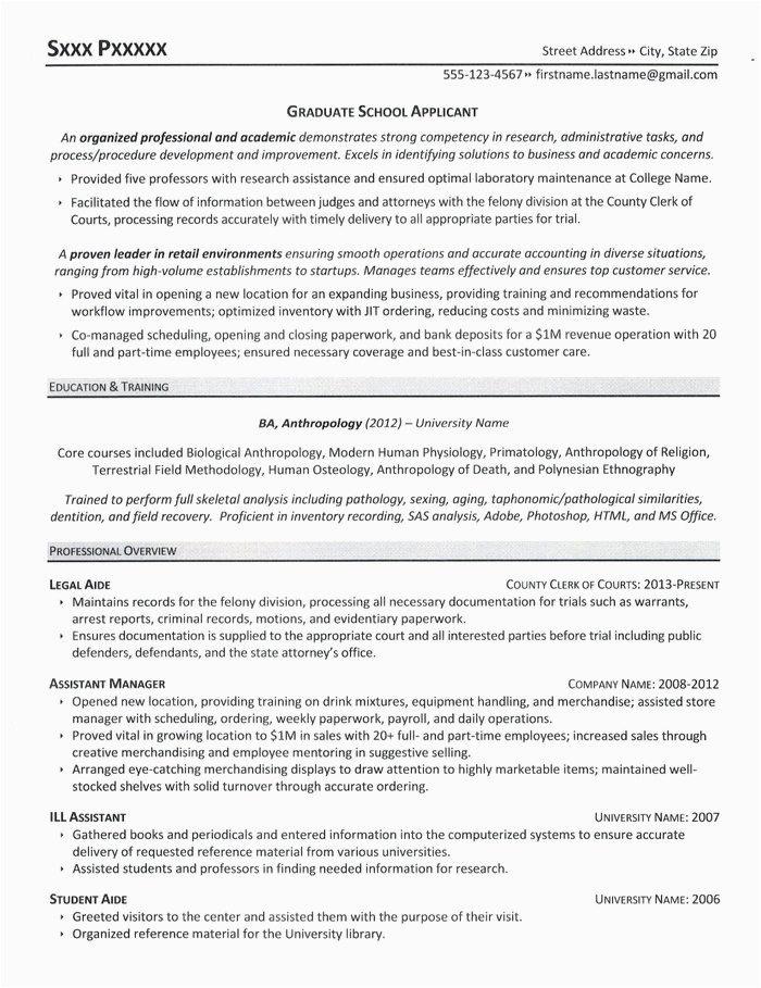 Sample Academic Resume for Graduate School Resume for Graduate School