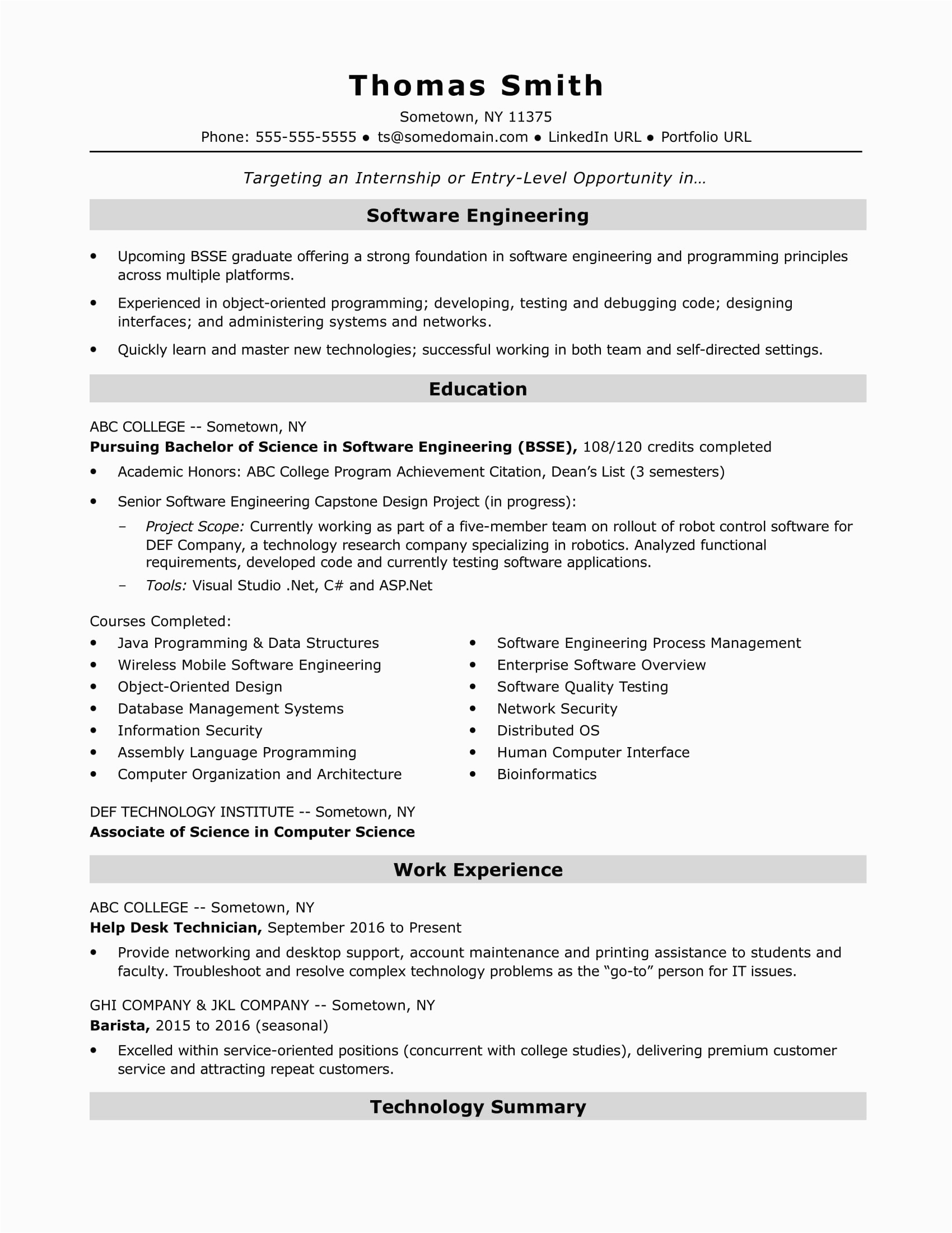 Sample Entry Level software Engineer Resume Entry Level software Engineer Resume Sample