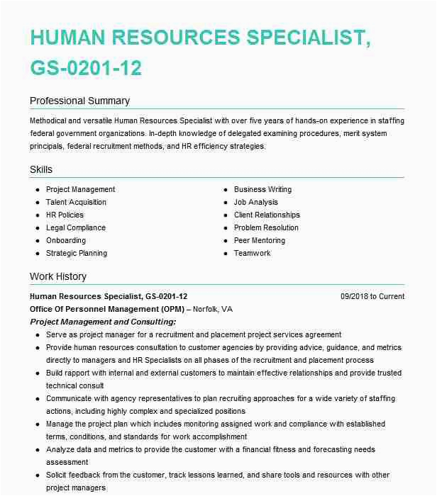 Sample Federal Human Resources Specialist Resume Human Resources Specialist Gs 0201 12 4 Resume Example