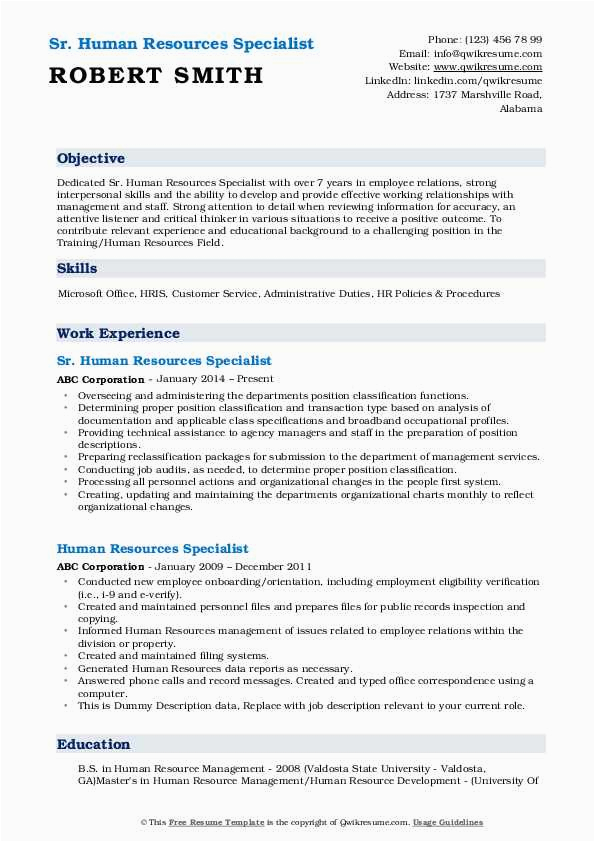 Sample Federal Human Resources Specialist Resume Human Resources Specialist Resume Samples