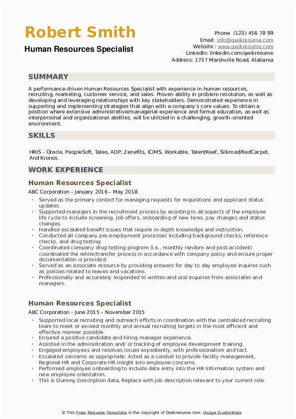 Sample Federal Human Resources Specialist Resume Human Resources Specialist Resume Samples