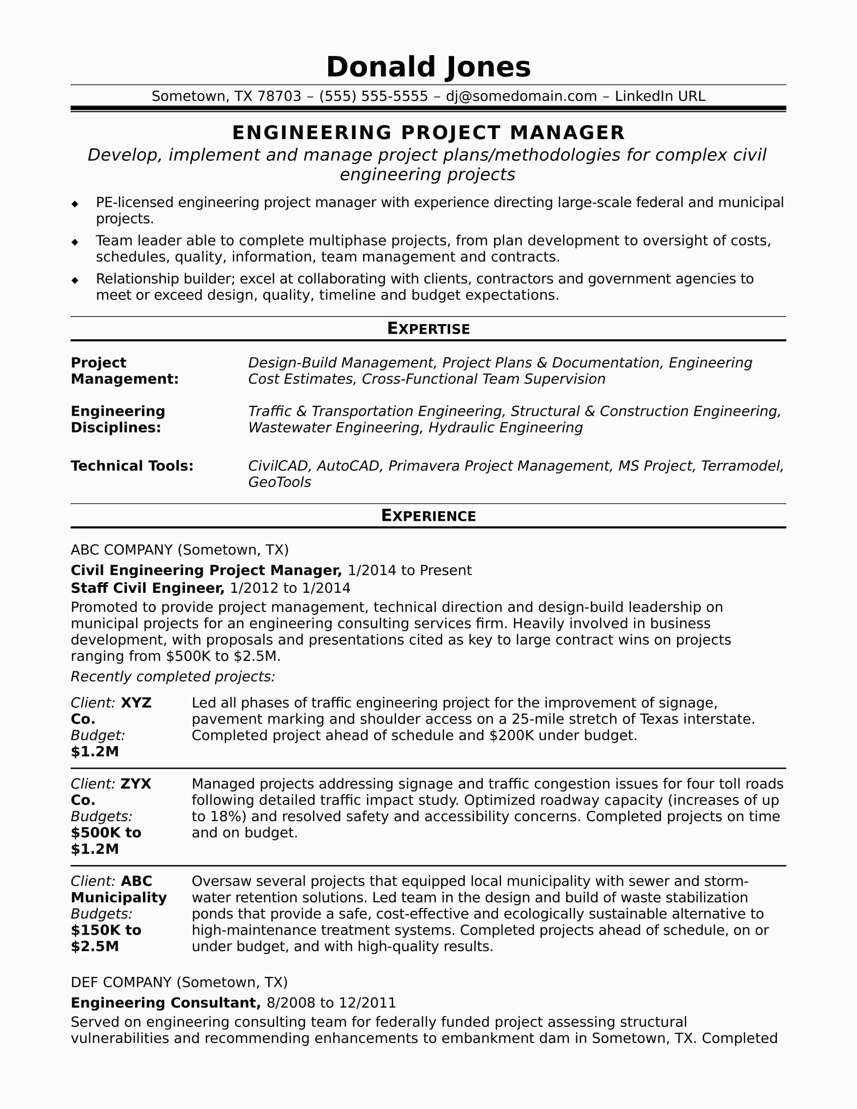 sample resume engineering project manager midlevel